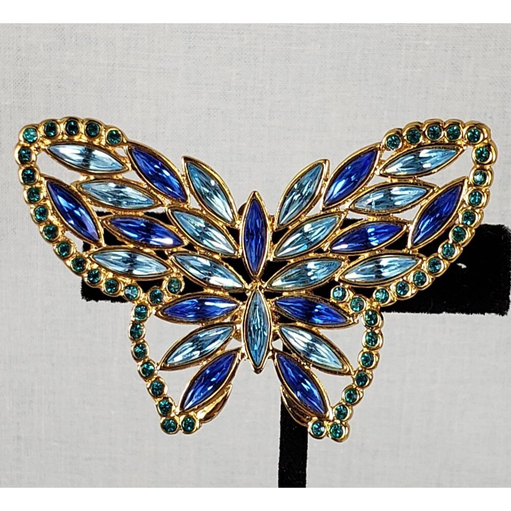 Vintage YSL Yves Saint Laurent Butterfly Blue & Green Crystal Earring Signed